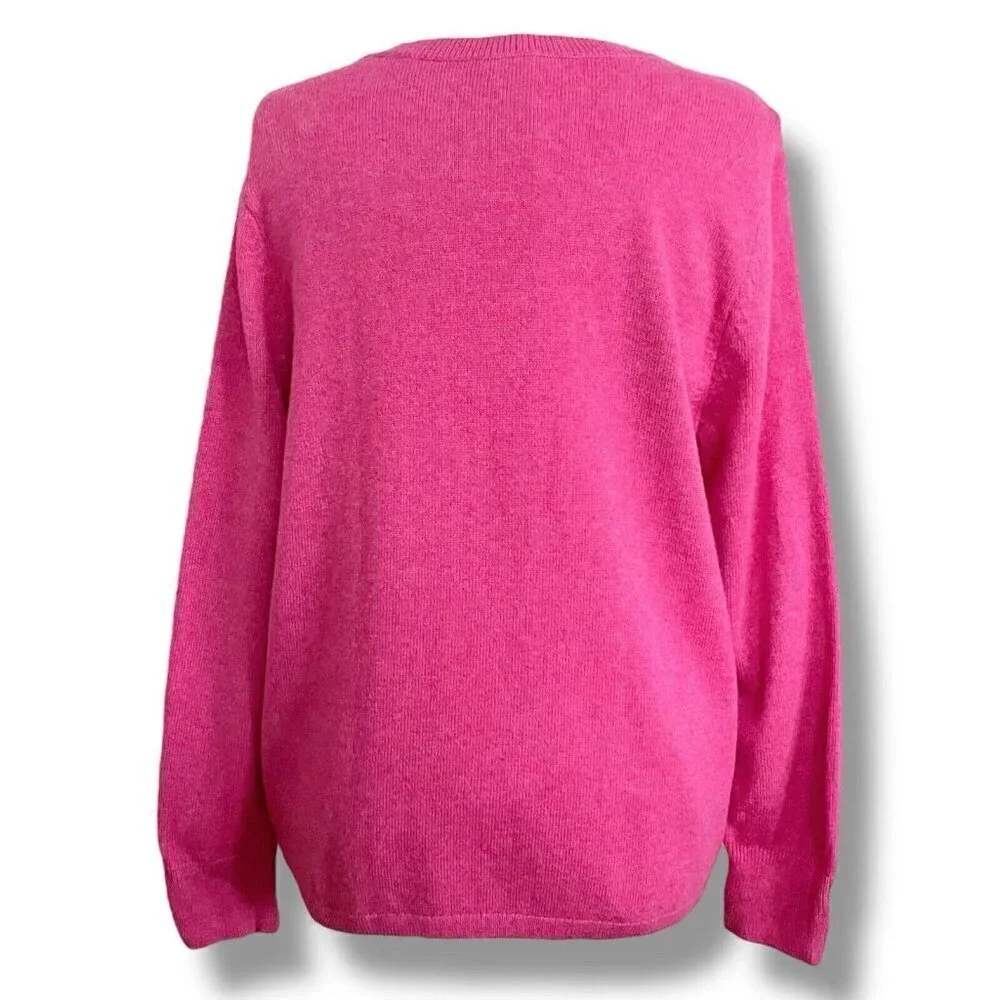 Chicos Womens Sweater Sz 2 Large Pink Wool Cashmere Blend Knit Peace Love Chic